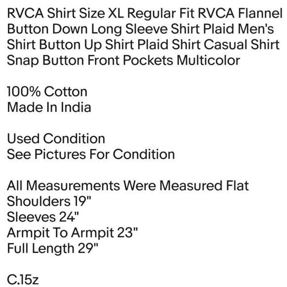 RVCA Shirt Size XL Regular Fit RVCA Flannel Button Down Long Sleeve Shirt Plaid - Picture 2 of 6